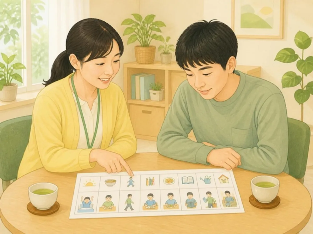 丸いテーブルで、名札を下げた女性スタッフと若い男性の利用者が並んで座り、絵カードで作られた予定表をスタッフが指さしながら一緒に確認しているイラスト