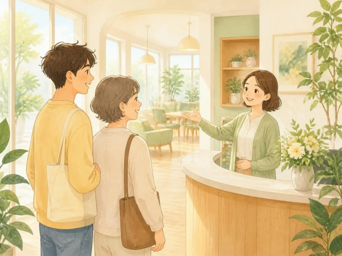 明るい受付で、エプロン姿のスタッフが笑顔で施設の中を手で示しながら、見学に来た若い男性と母親らしき女性を出迎えているイラスト