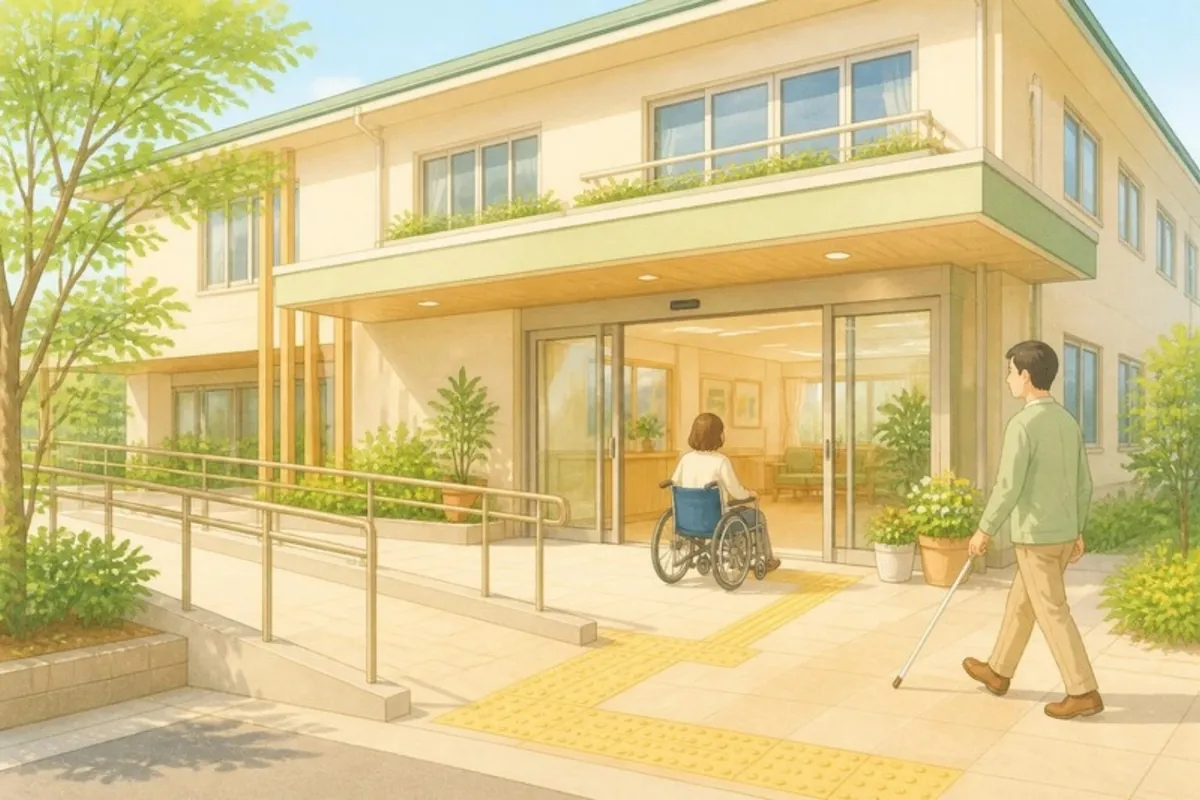 2階建ての建物の正面玄関。手すり付きのゆるやかなスロープと黄色い点字ブロックが自動ドアまで続き、車いすの女性が入口へ進み、白杖を持った男性が歩いているイラスト