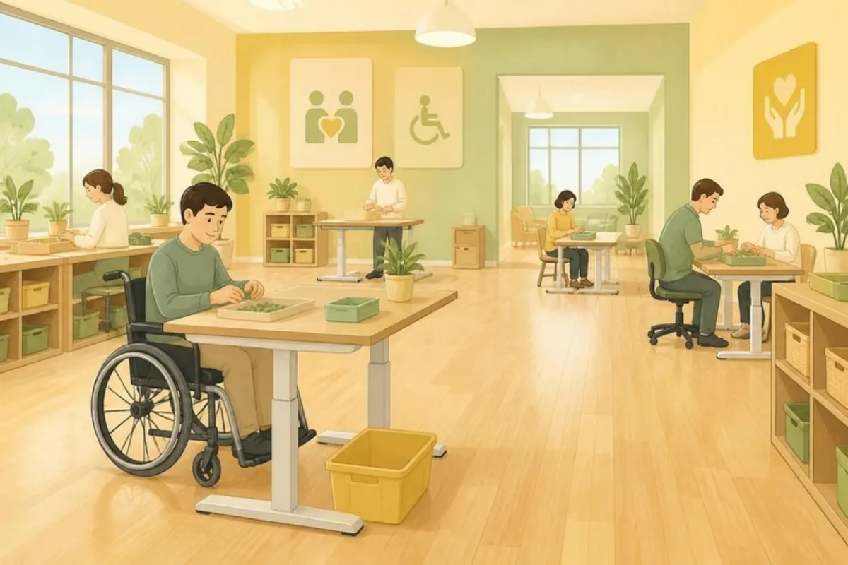 明るい木の床の広い作業室。通路が広く、高さを変えられる机で車いすの男性が作業し、奥でも利用者が思い思いに手を動かしているイラスト