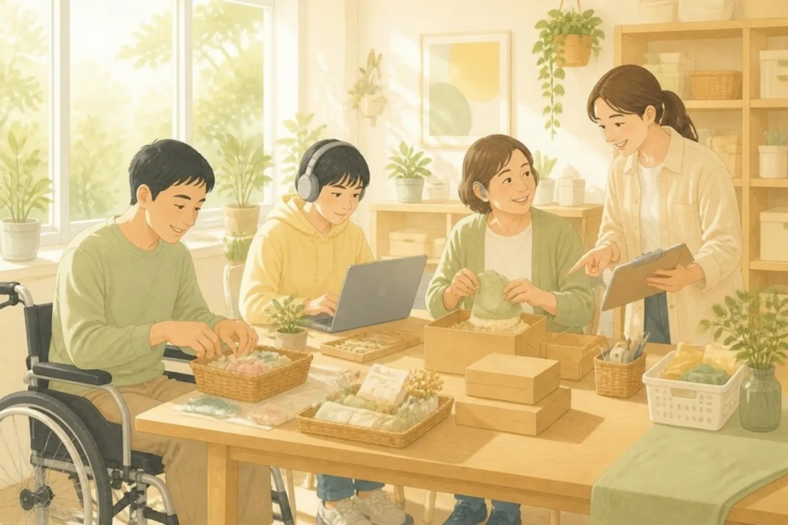 日差しの入る明るい作業室で、車いすを使う男性、ヘッドホンをつけてパソコン作業をする女性、補聴器をつけて手づくり品を袋に詰める女性が大きな木のテーブルを囲み、スタッフがチェックリストを手にやさしく声をかけているイラスト