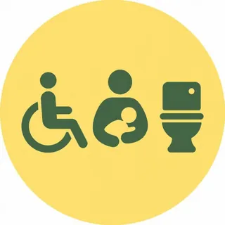車いすマーク、赤ちゃんを抱く人、便器が並んだ多目的トイレのピクトグラム