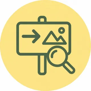 矢印と絵記号が描かれた案内板と虫めがねのピクトグラム