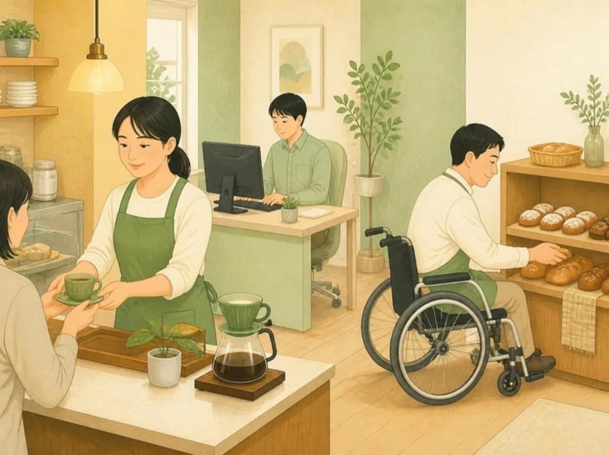 カフェのカウンターで緑のエプロン姿の女性がお客さまにコーヒーを手渡し、奥では男性がパソコンでデータ入力をし、車いすの男性が焼きたてのパンを棚に並べているイラスト