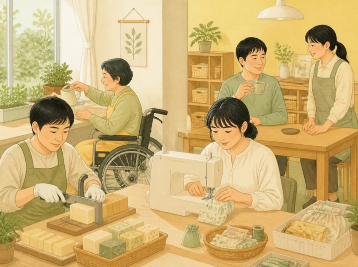 明るい工房で、手袋をつけて石けんを切り分ける男性、ミシンで布小物を縫う女性、窓辺でハーブに水をやる車いすの年配の女性、お茶を飲んで休憩する男性と、そばで見守るスタッフが過ごしているイラスト
