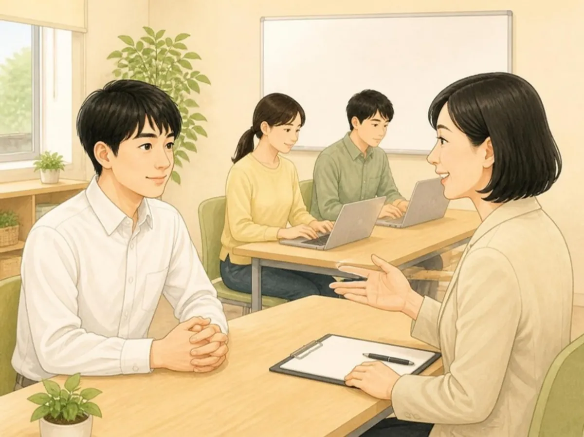 テーブルをはさんで、白いシャツ姿の若い男性が女性スタッフと面接の練習をしており、奥では若い男女2人がノートパソコンで学んでいるイラスト