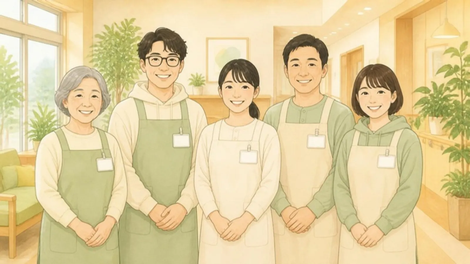 観葉植物のある明るいロビーで、年齢や性別の異なる5人のスタッフがおそろいのエプロンと名札をつけ、笑顔で並んでいるイラスト