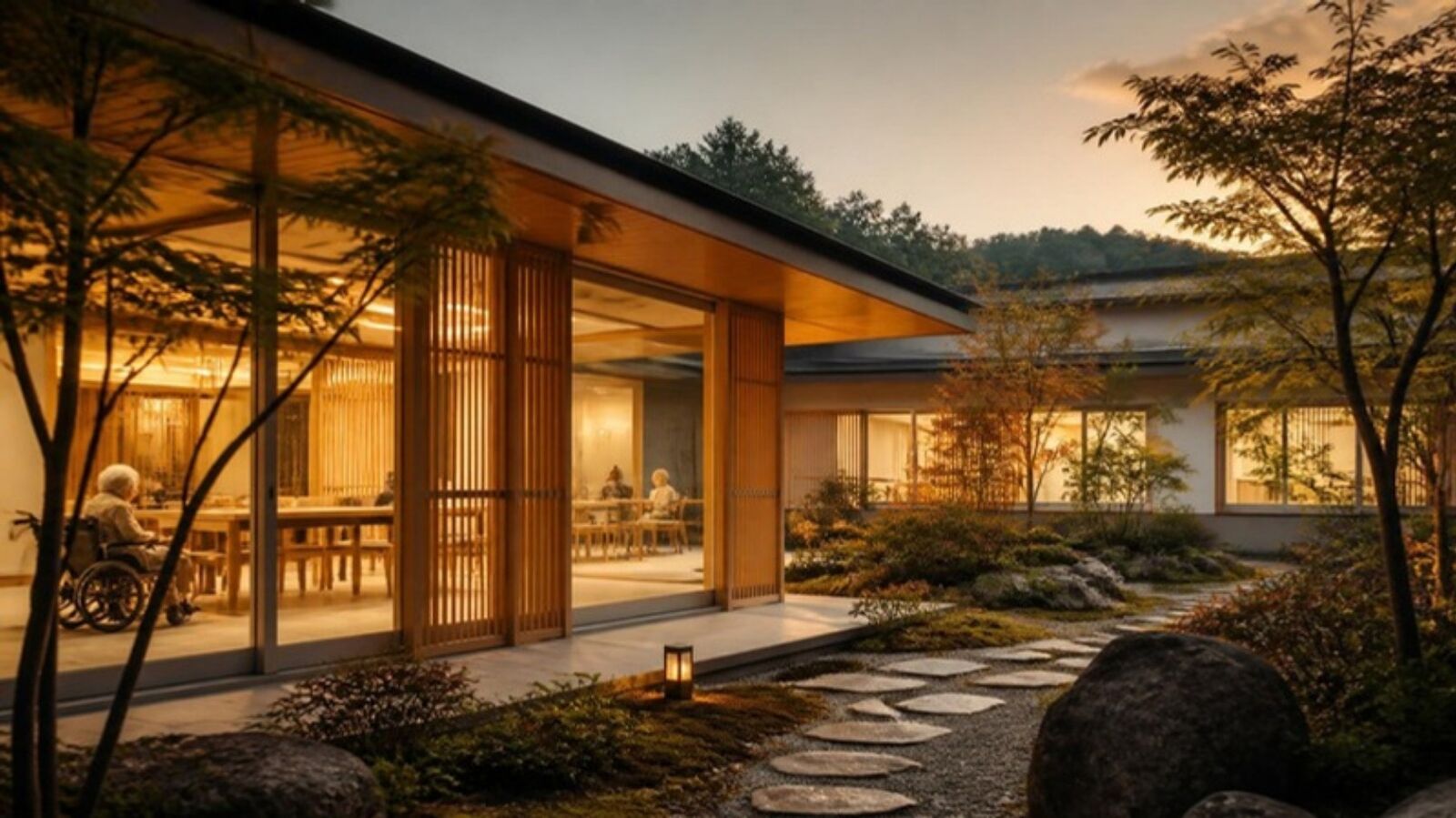 夕暮れの光に包まれた、木のルーバーが印象的なゆいの杜の外観