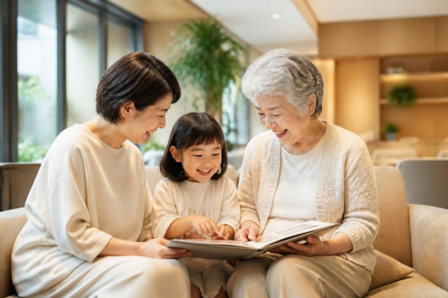 ラウンジでアルバムを囲み、笑い合うご家族とご利用者さま