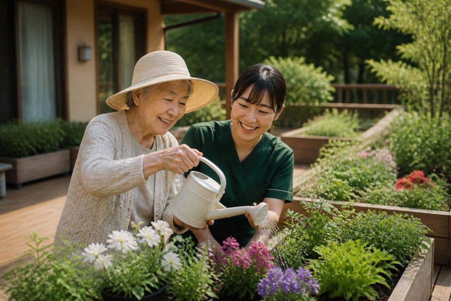 庭のテラスで一緒に花に水をやるご利用者さまとスタッフ