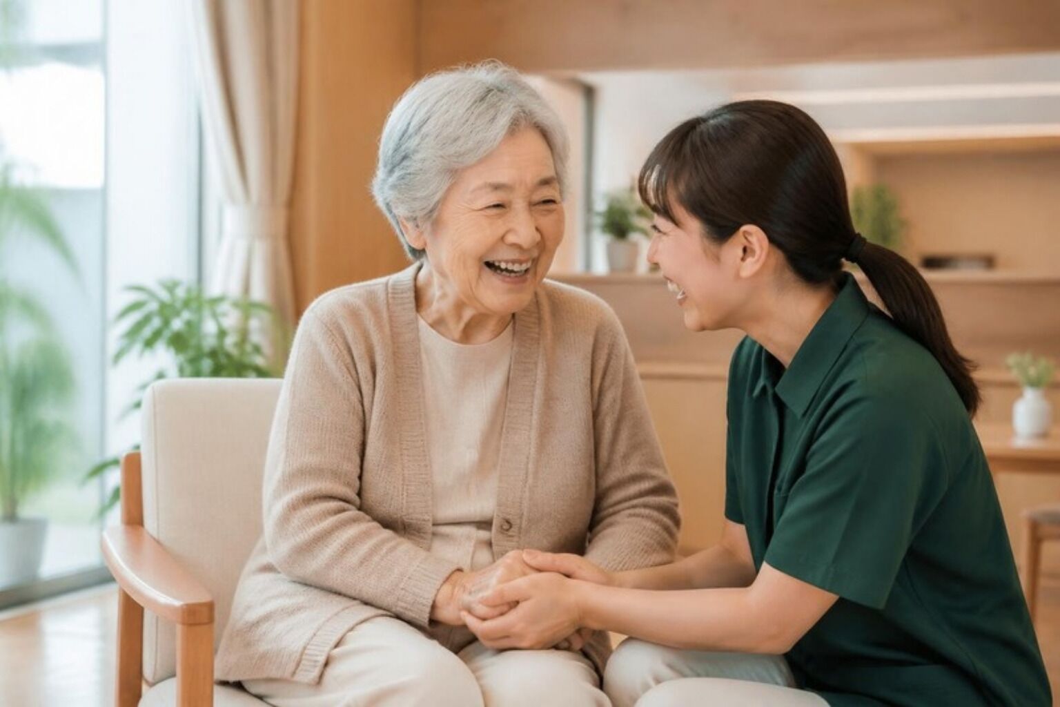 窓辺のラウンジで手を取り合い、笑顔で語り合うご利用者さまとスタッフ