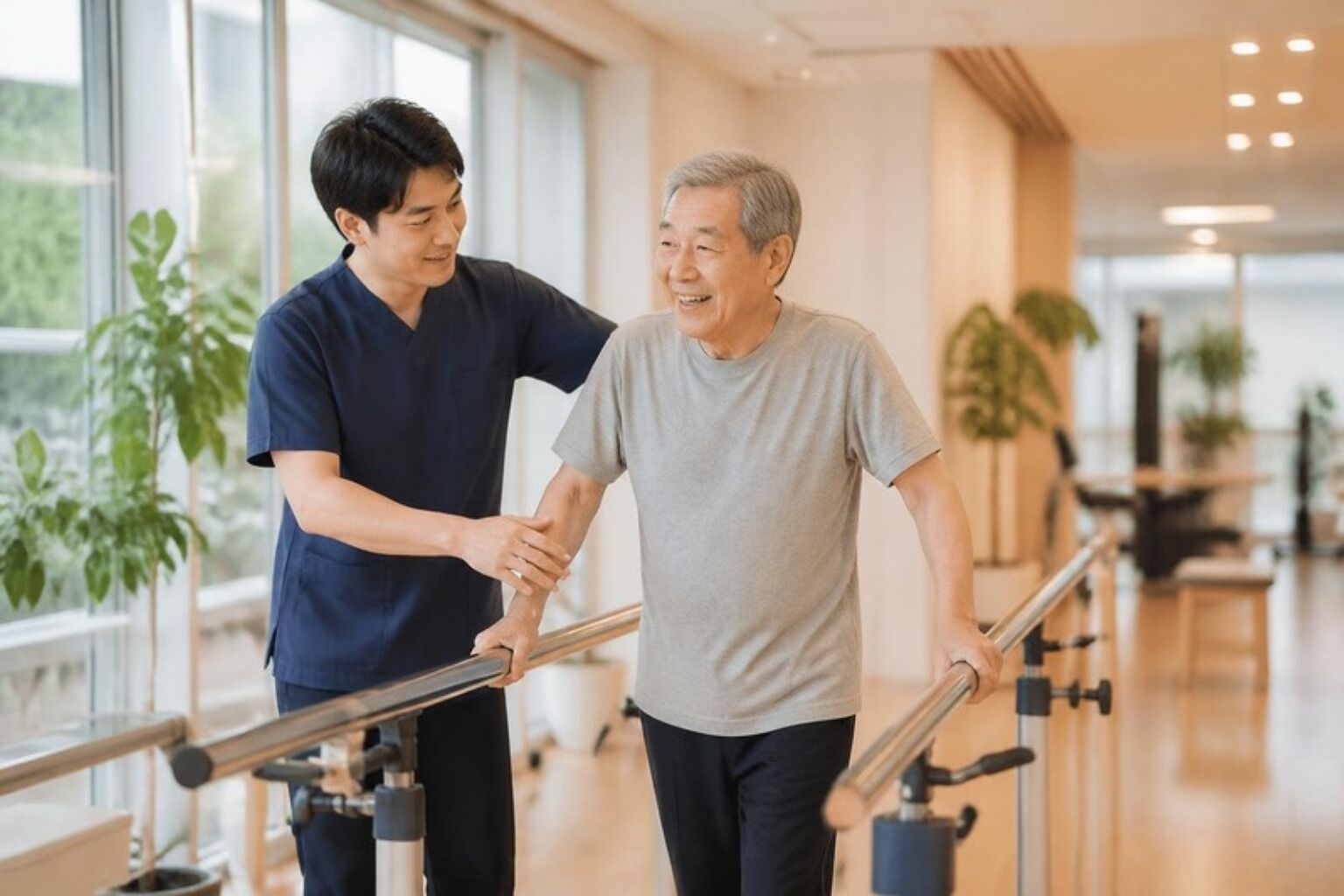 理学療法士の支えで歩行訓練に取り組むご利用者さま