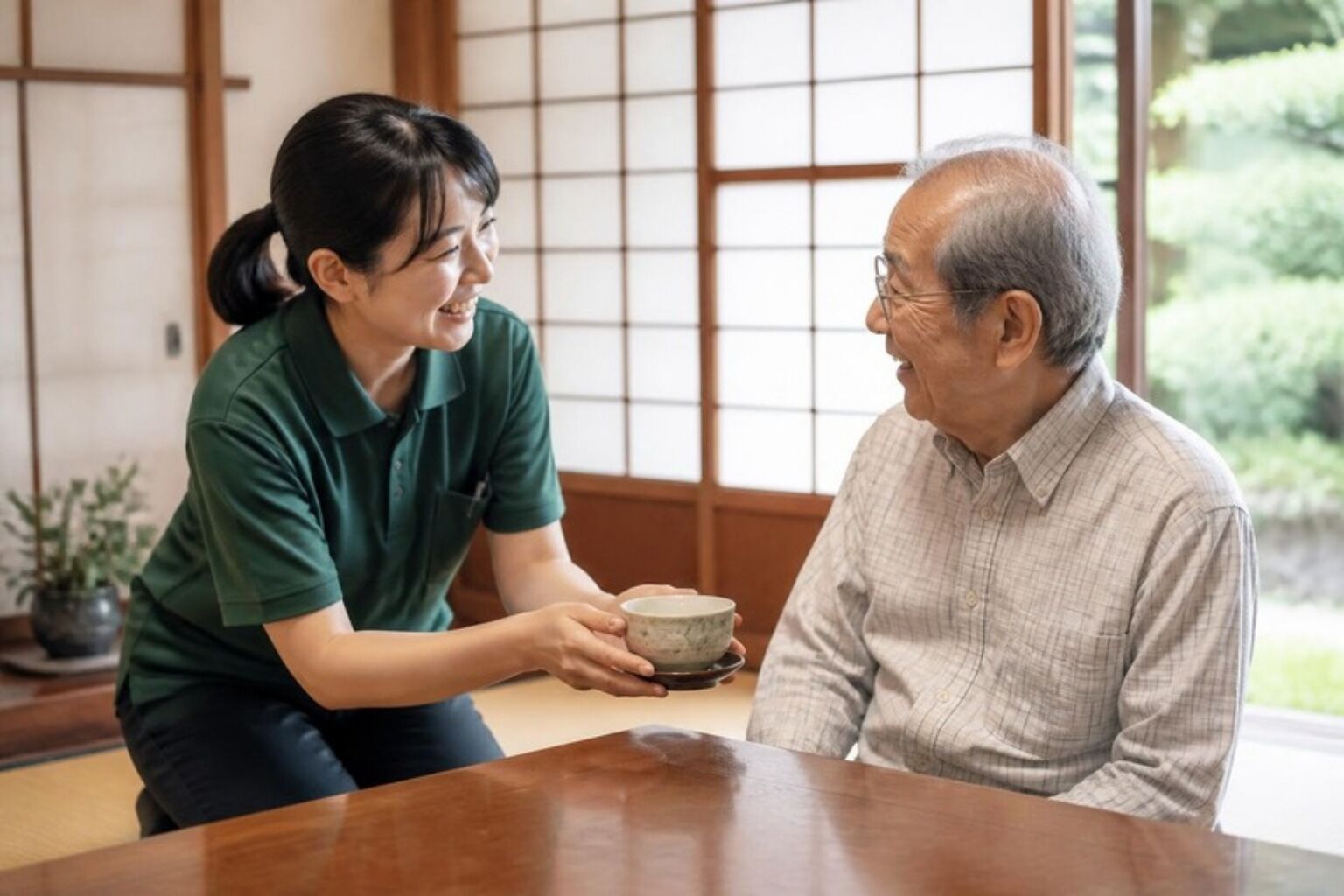 ご自宅でお茶を出しながら語らう訪問介護スタッフとご利用者さま