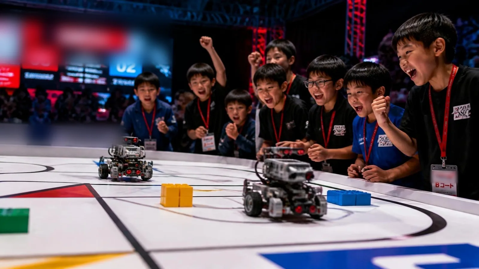 ロボット競技大会で、走るロボットを応援する子どもたち