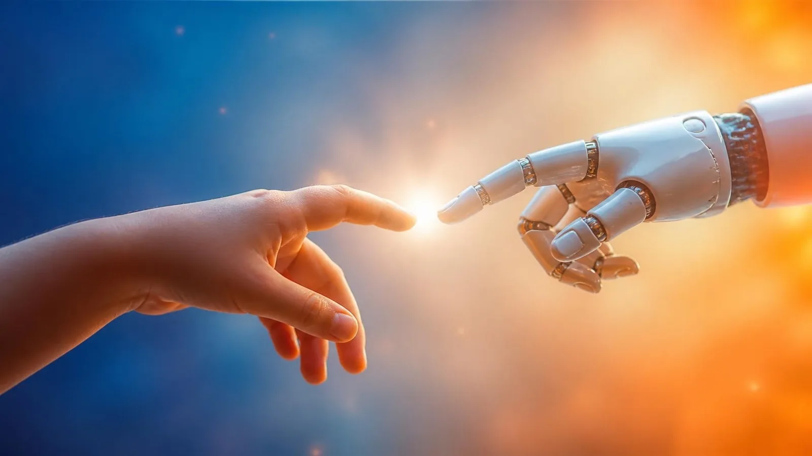 子どもの指先とロボットの指先が、いまにも触れ合おうとしている