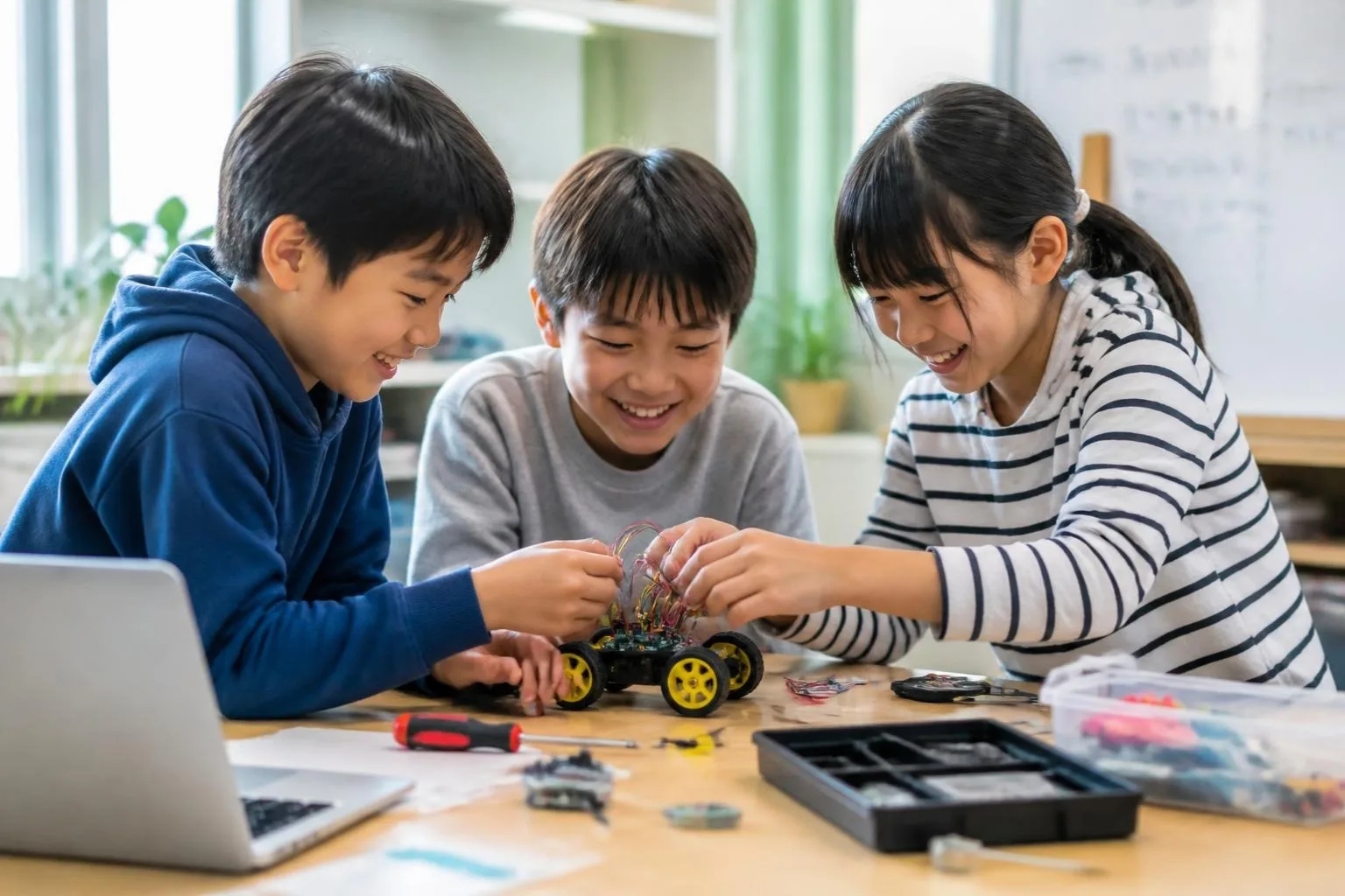 3人の子どもがロボットカーを組み立てている