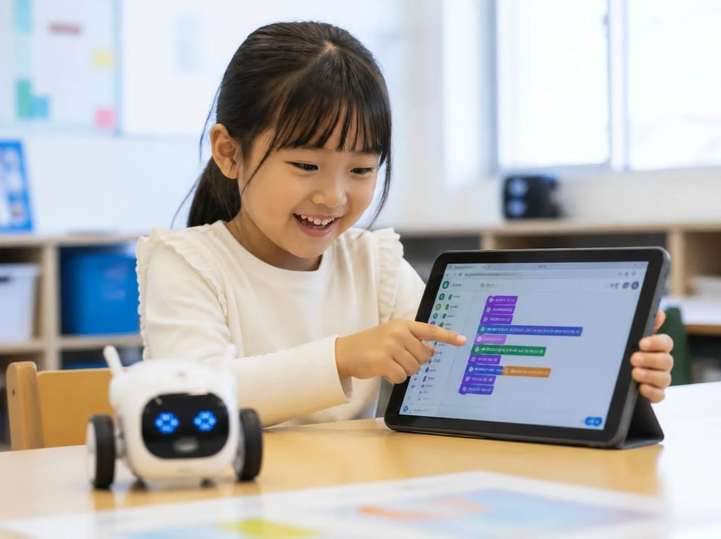 タブレットのブロックプログラミングで小さなロボットを動かす女の子