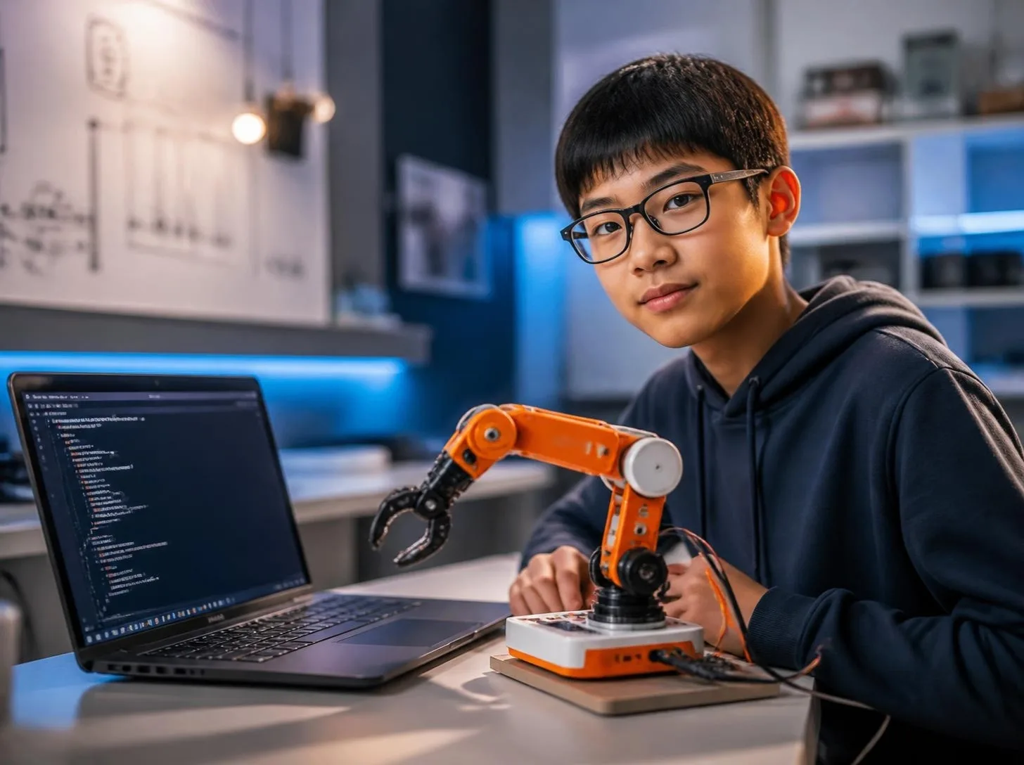 中学生がノートパソコンでロボットアームをプログラミングしている