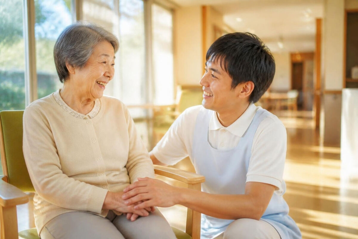介護スタッフが高齢の利用者と笑顔で手を取り合って話している様子