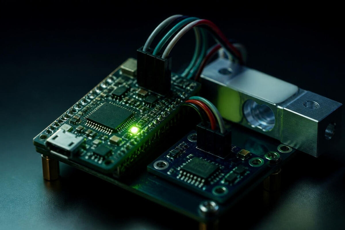 緑色のLEDが光るIoT基板と重量センサー