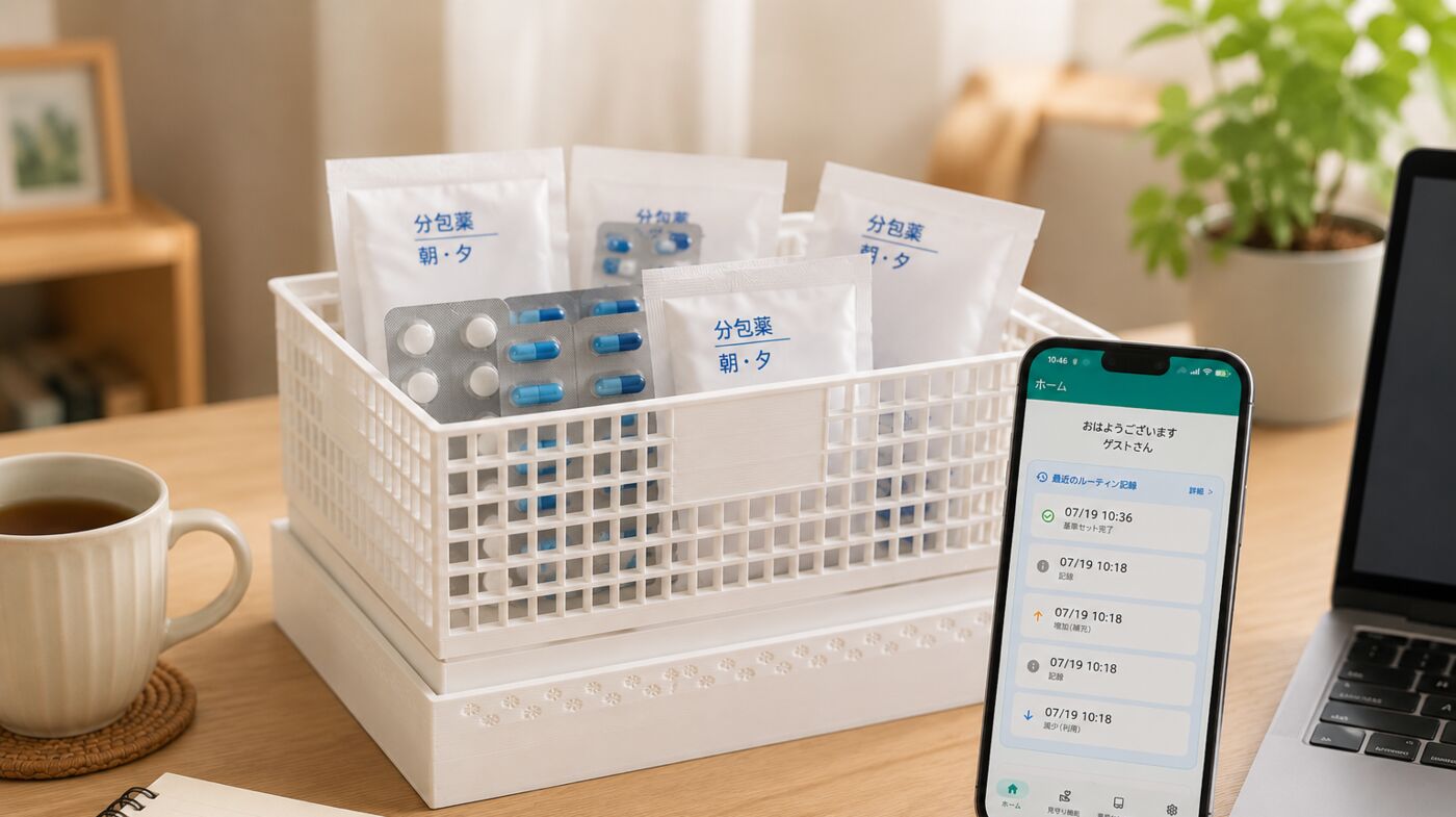 薬を入れたミマリンク センサーと、記録を表示するスマートフォンアプリ